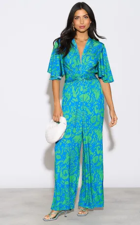 Angel Sleeve Twist Maxi Jumpsuit in Tropical Green print