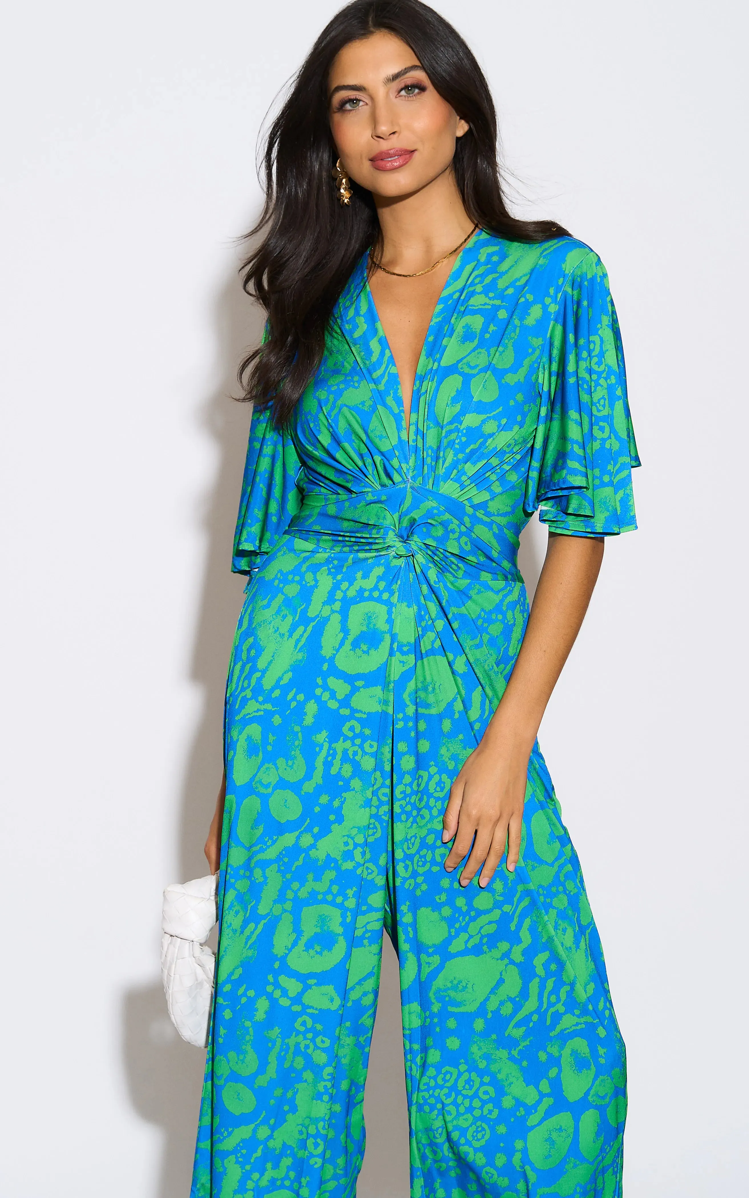 Angel Sleeve Twist Maxi Jumpsuit in Tropical Green print