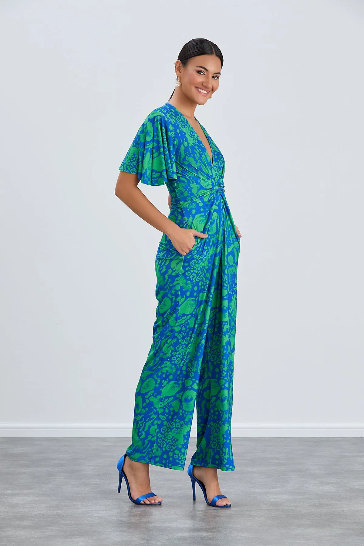 Angel Sleeve Twist Maxi Jumpsuit in Tropical Green print