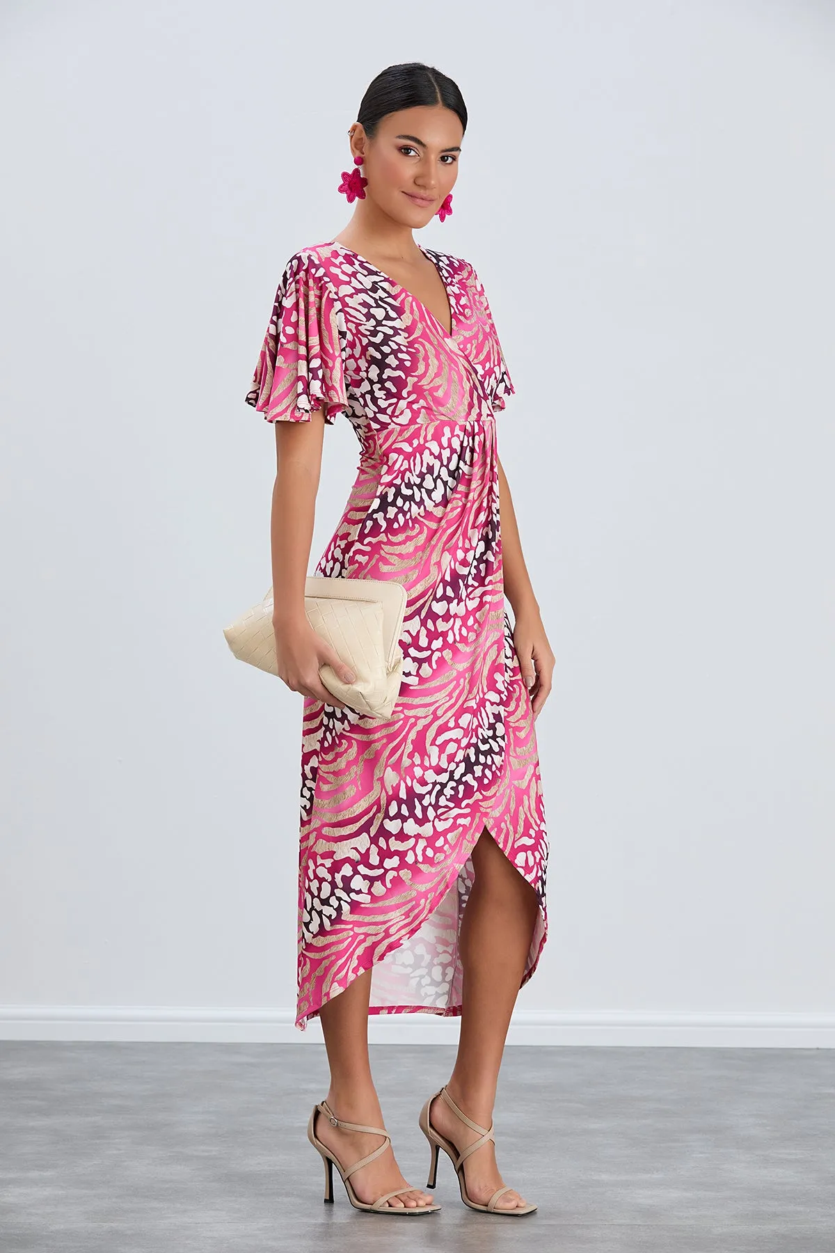 Angel Sleeve Wrap Style Midi Dress in Fuchsia Animal print