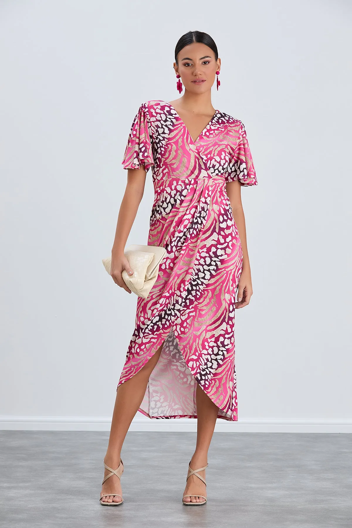 Angel Sleeve Wrap Style Midi Dress in Fuchsia Animal print