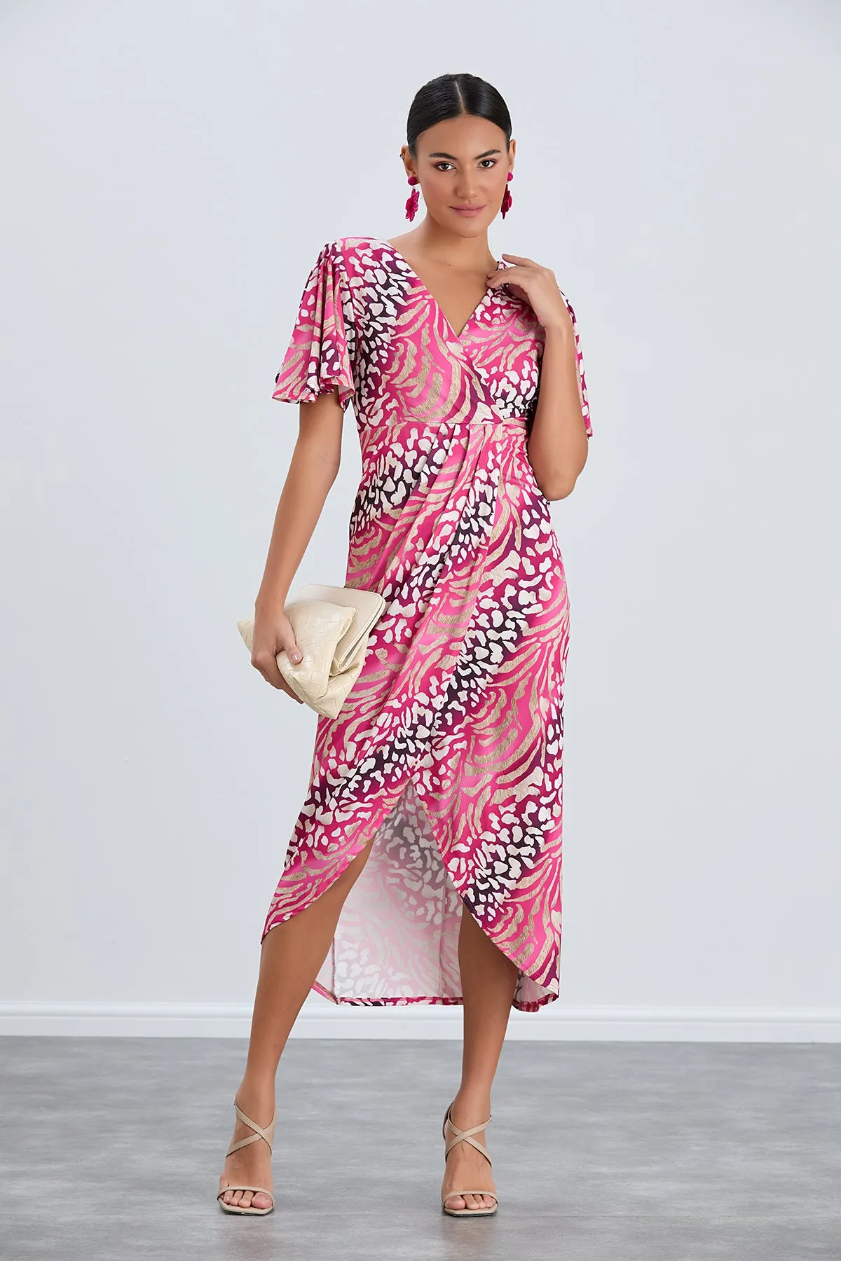 Angel Sleeve Wrap Style Midi Dress in Fuchsia Animal print