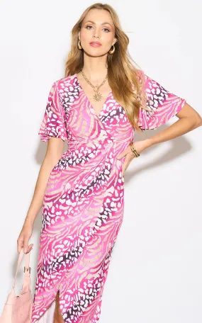 Angel Sleeve Wrap Style Midi Dress in Fuchsia Animal print