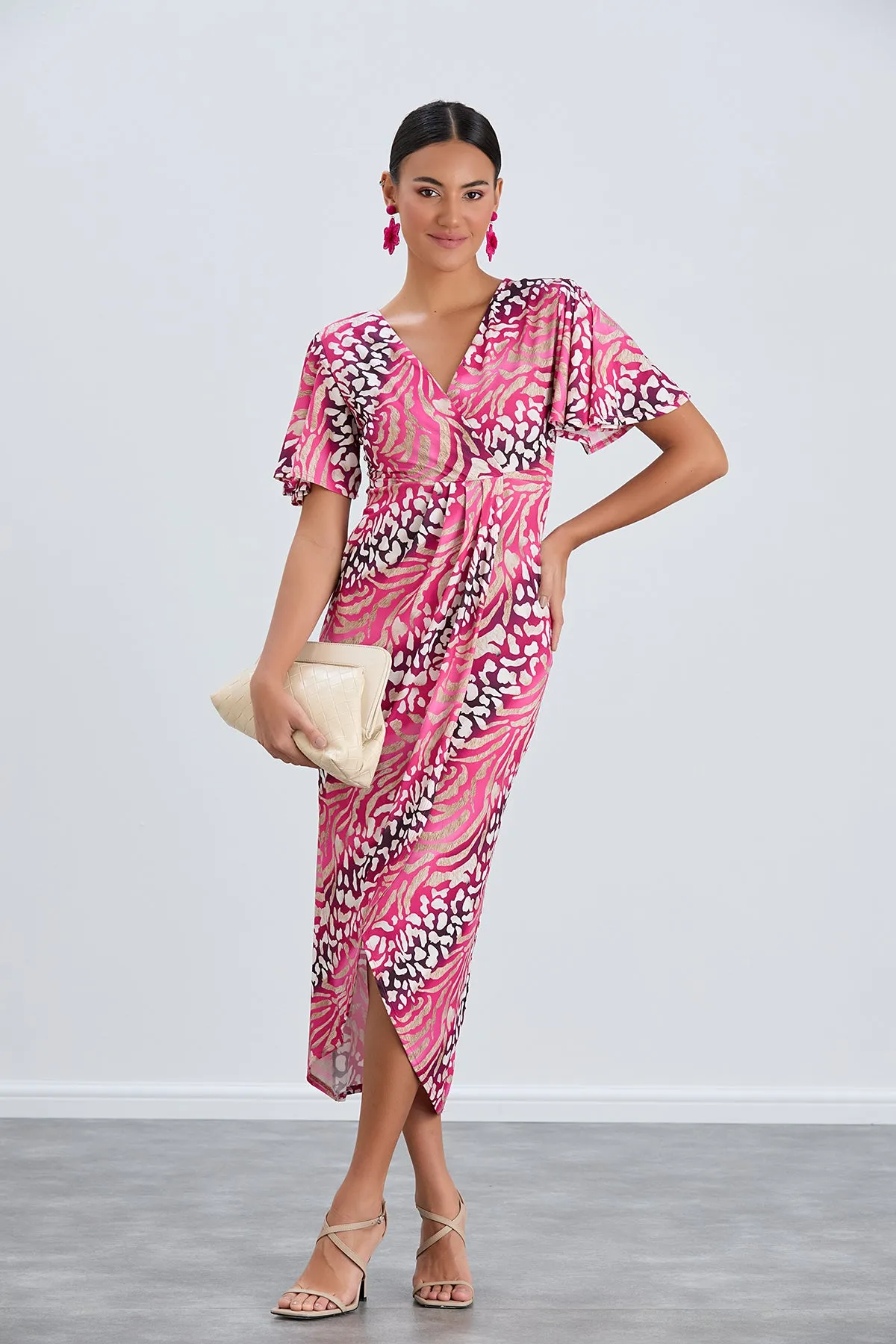 Angel Sleeve Wrap Style Midi Dress in Fuchsia Animal print