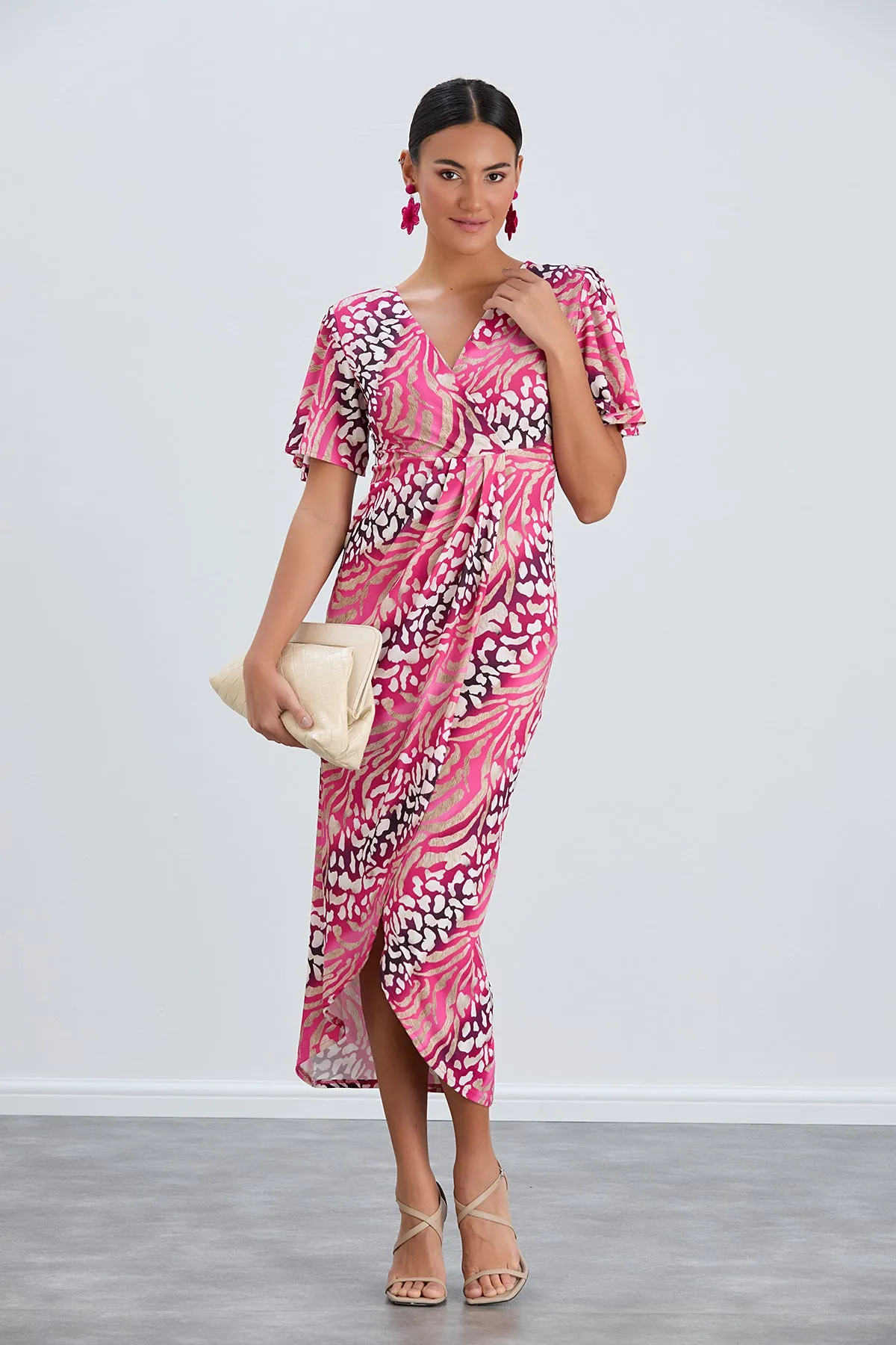 Angel Sleeve Wrap Style Midi Dress in Fuchsia Animal print