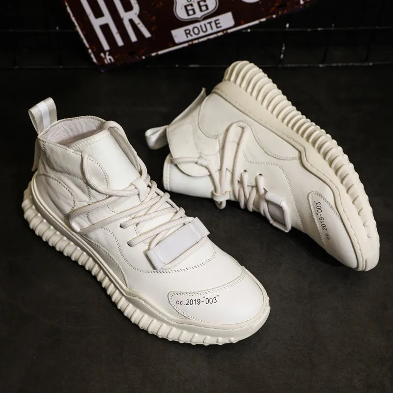 BOOPDO MESS DESIGN MID TOP LEATHER TRAINERS IN WHITE