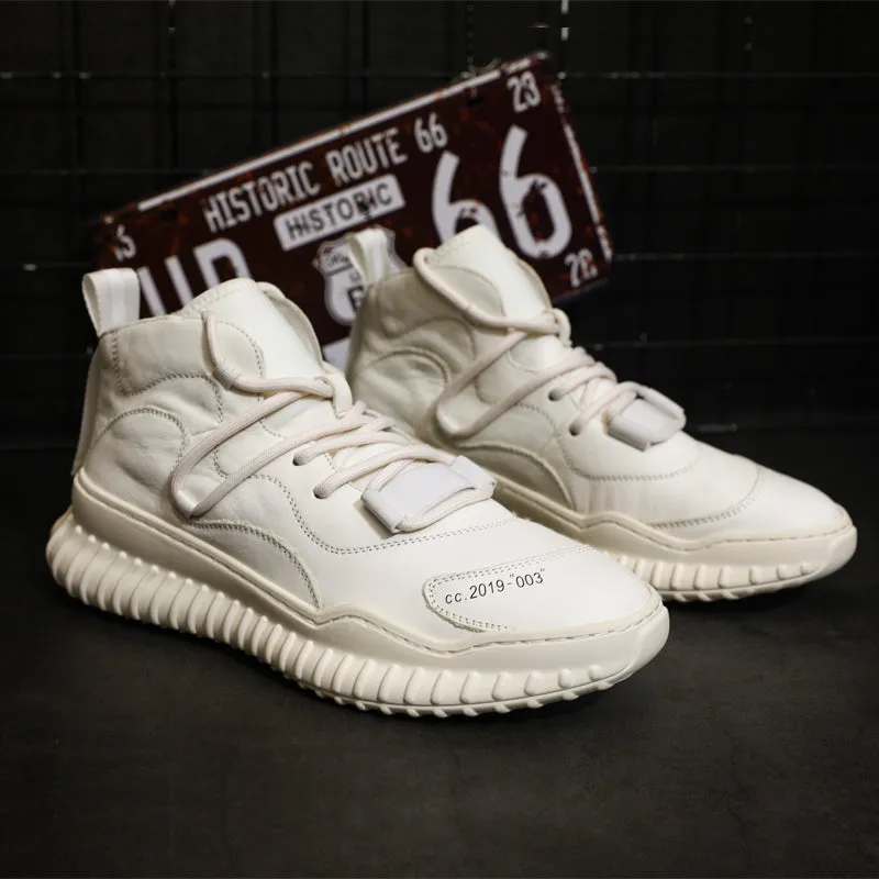 BOOPDO MESS DESIGN MID TOP LEATHER TRAINERS IN WHITE