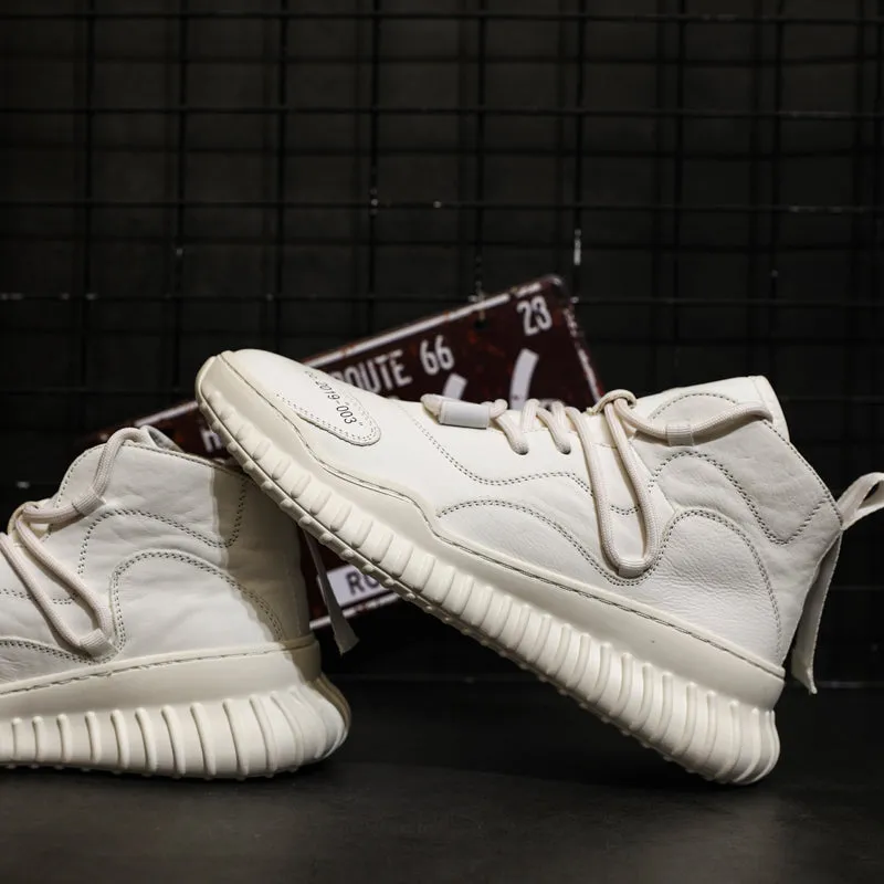 BOOPDO MESS DESIGN MID TOP LEATHER TRAINERS IN WHITE