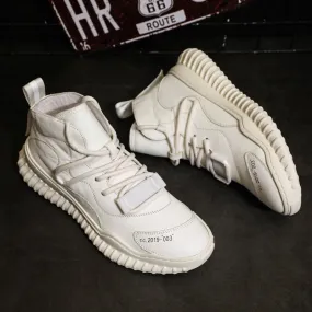 BOOPDO MESS DESIGN MID TOP LEATHER TRAINERS IN WHITE