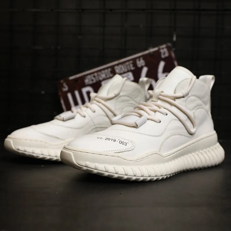 BOOPDO MESS DESIGN MID TOP LEATHER TRAINERS IN WHITE