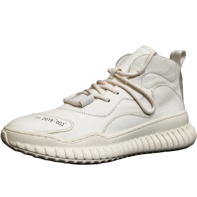 BOOPDO MESS DESIGN MID TOP LEATHER TRAINERS IN WHITE
