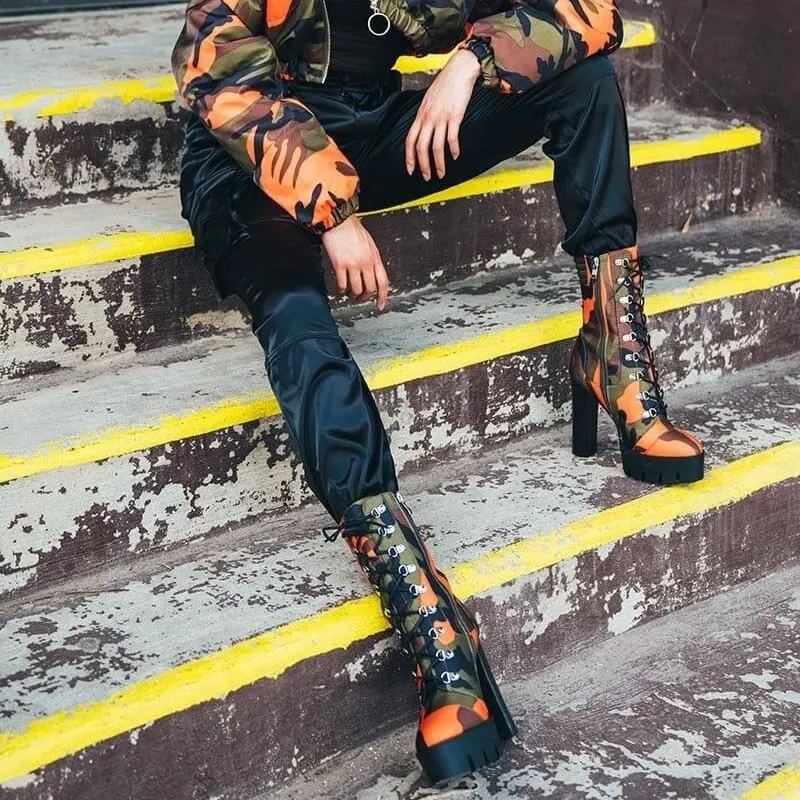 Camouflage Print Lace-Up Chunky Heel Women's Platform Boots