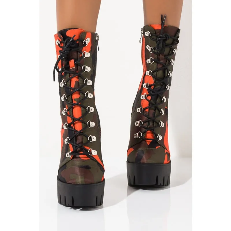 Camouflage Print Lace-Up Chunky Heel Women's Platform Boots
