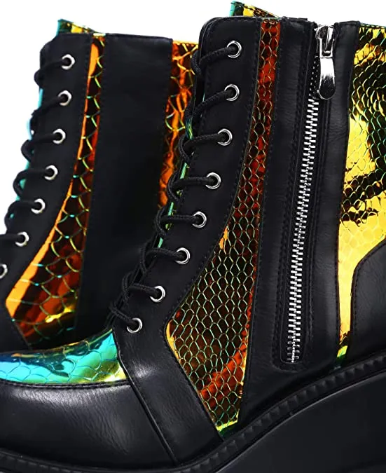 Cape Robbin Radio Holographic Platform Ankle Chunky Block Heels Boots Black