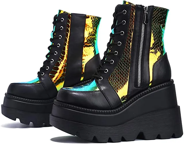 Cape Robbin Radio Holographic Platform Ankle Chunky Block Heels Boots Black