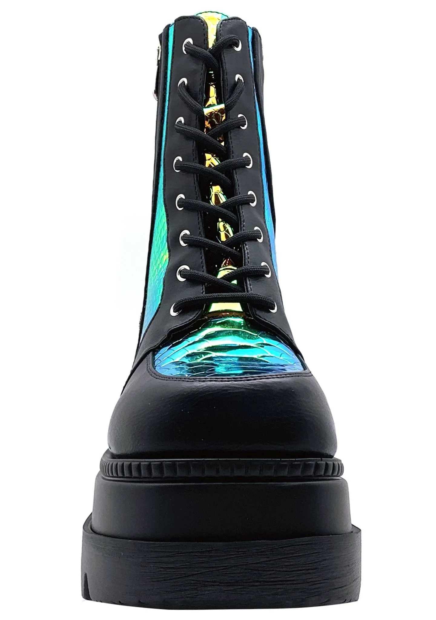 Cape Robbin Radio Holographic Platform Ankle Chunky Block Heels Boots Black