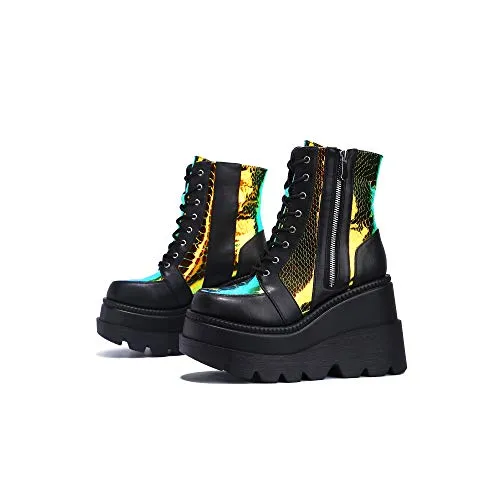 Cape Robbin Radio Holographic Platform Ankle Chunky Block Heels Boots Black