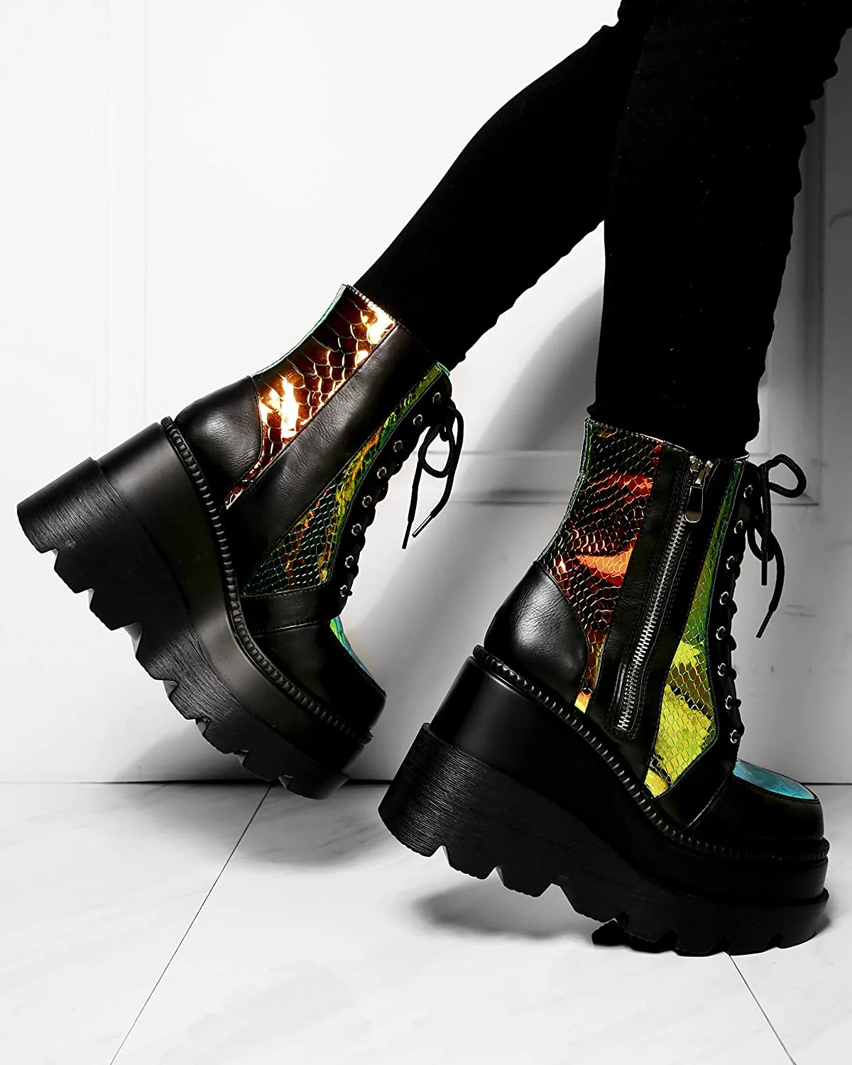 Cape Robbin Radio Holographic Platform Ankle Chunky Block Heels Boots Black