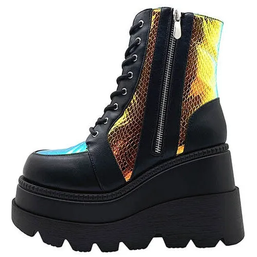 Cape Robbin Radio Holographic Platform Ankle Chunky Block Heels Boots Black