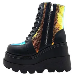 Cape Robbin Radio Holographic Platform Ankle Chunky Block Heels Boots Black