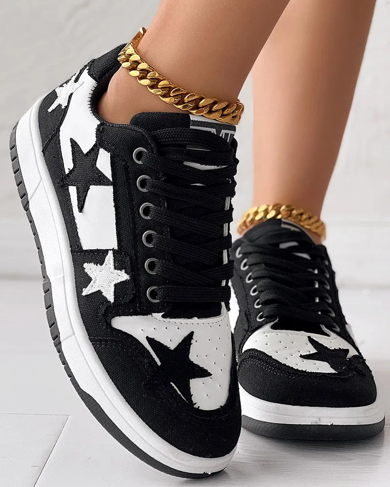 Colorblock Star Pattern Lace-up Trainers