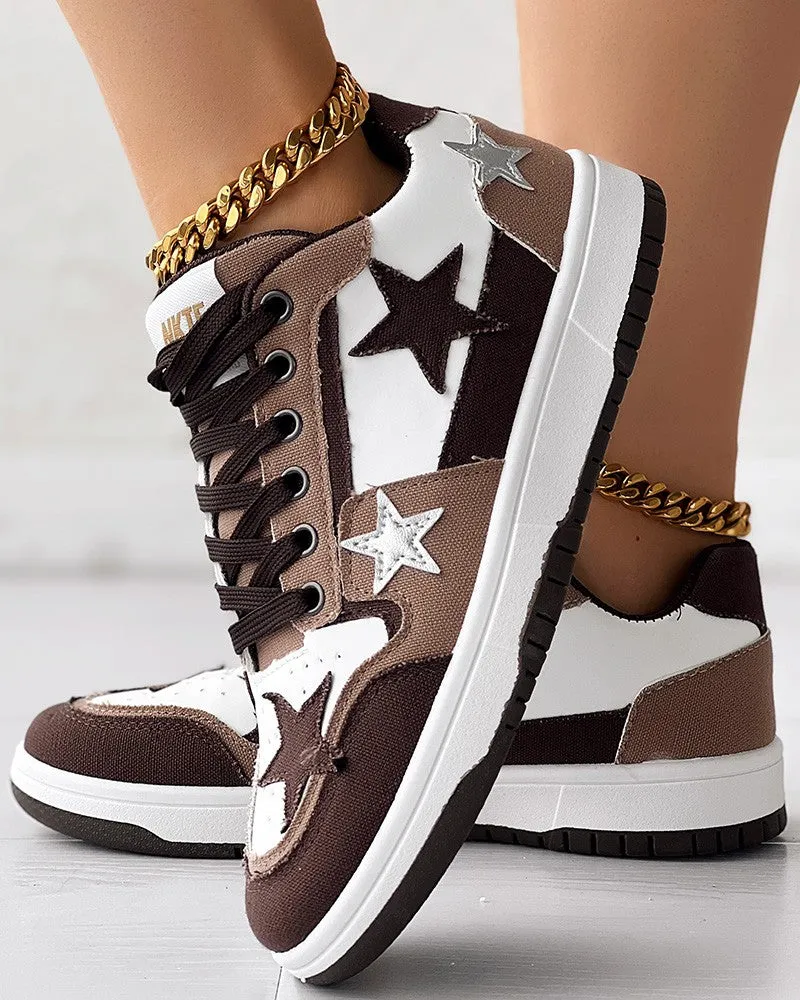 Colorblock Star Pattern Lace-up Trainers