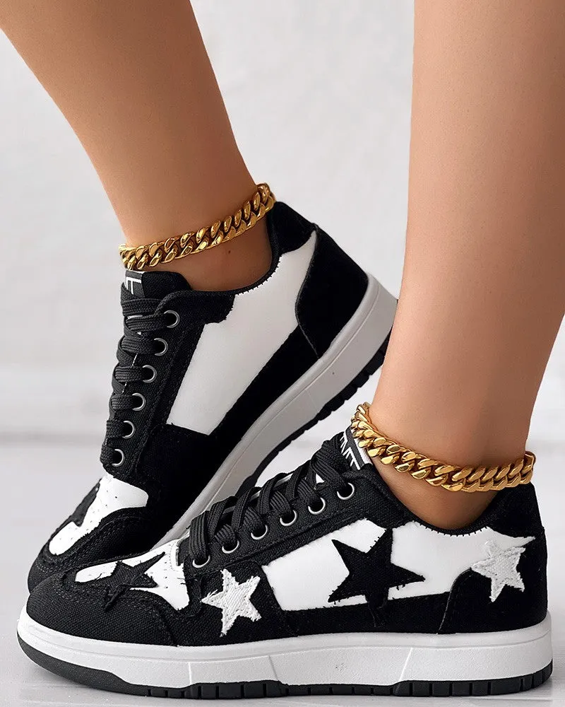 Colorblock Star Pattern Lace-up Trainers