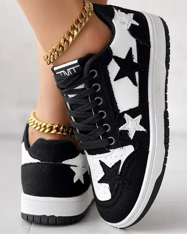Colorblock Star Pattern Lace-up Trainers