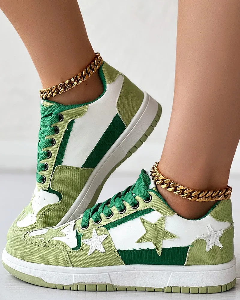 Colorblock Star Pattern Lace-up Trainers