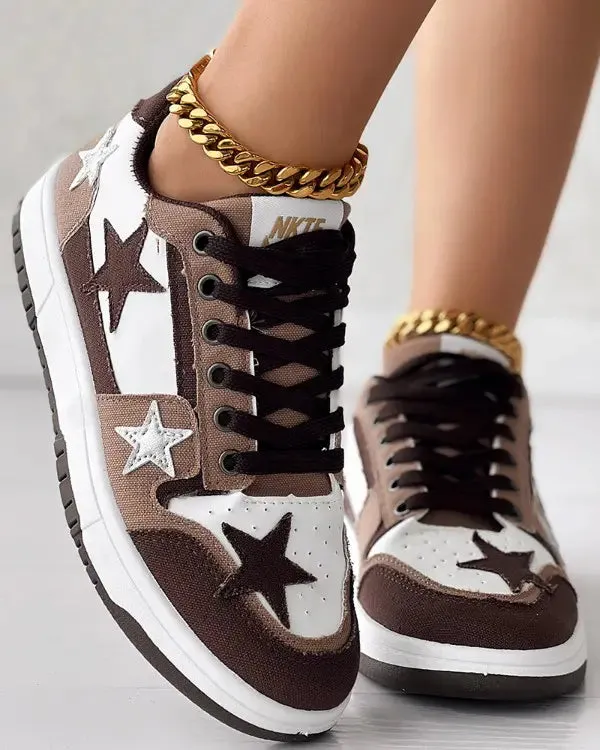 Colorblock Star Pattern Lace-up Trainers
