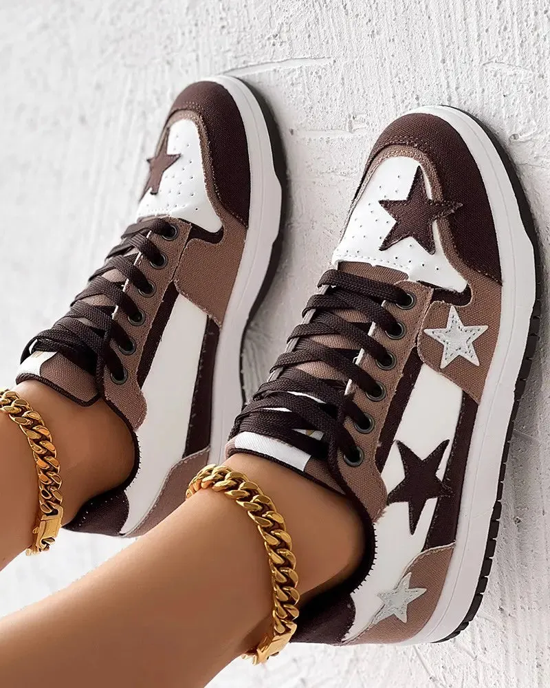 Colorblock Star Pattern Lace-up Trainers