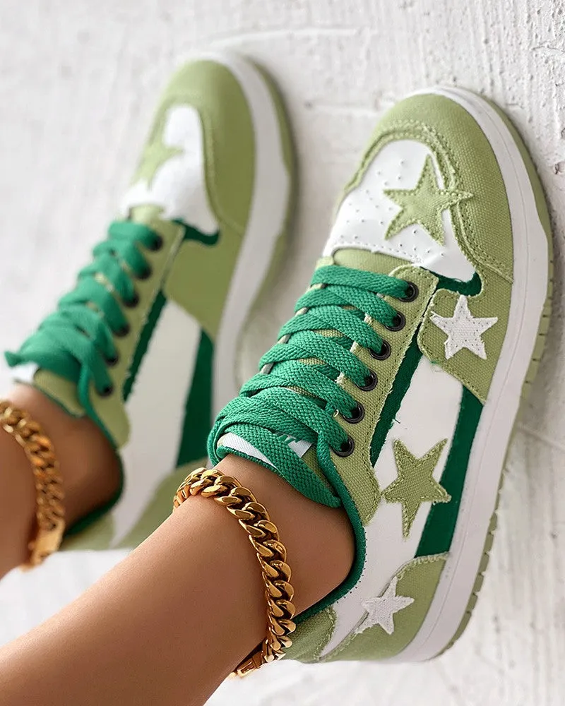 Colorblock Star Pattern Lace-up Trainers