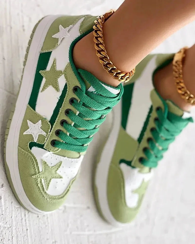 Colorblock Star Pattern Lace-up Trainers