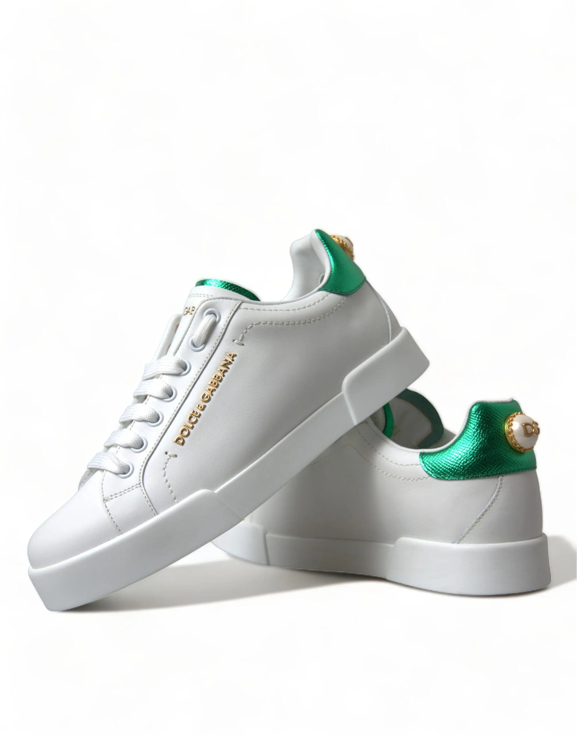 Dolce & Gabbana White Green Leather Portofino Classic Sneaker Shoes