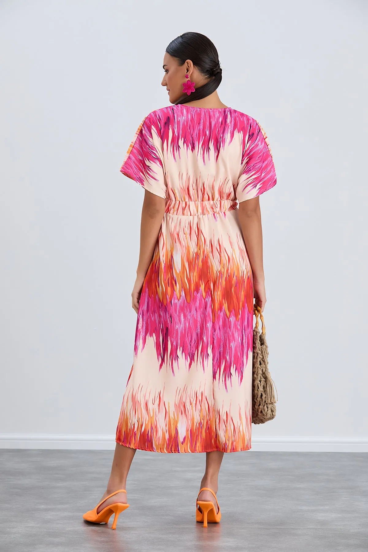 Elasticated Midi Dress in Abstract Pink print