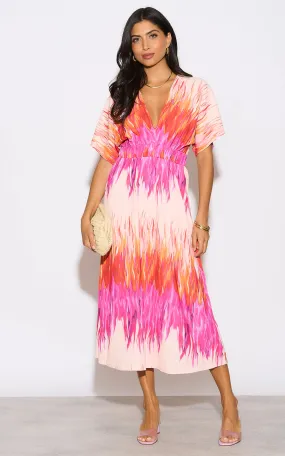 Elasticated Midi Dress in Abstract Pink print