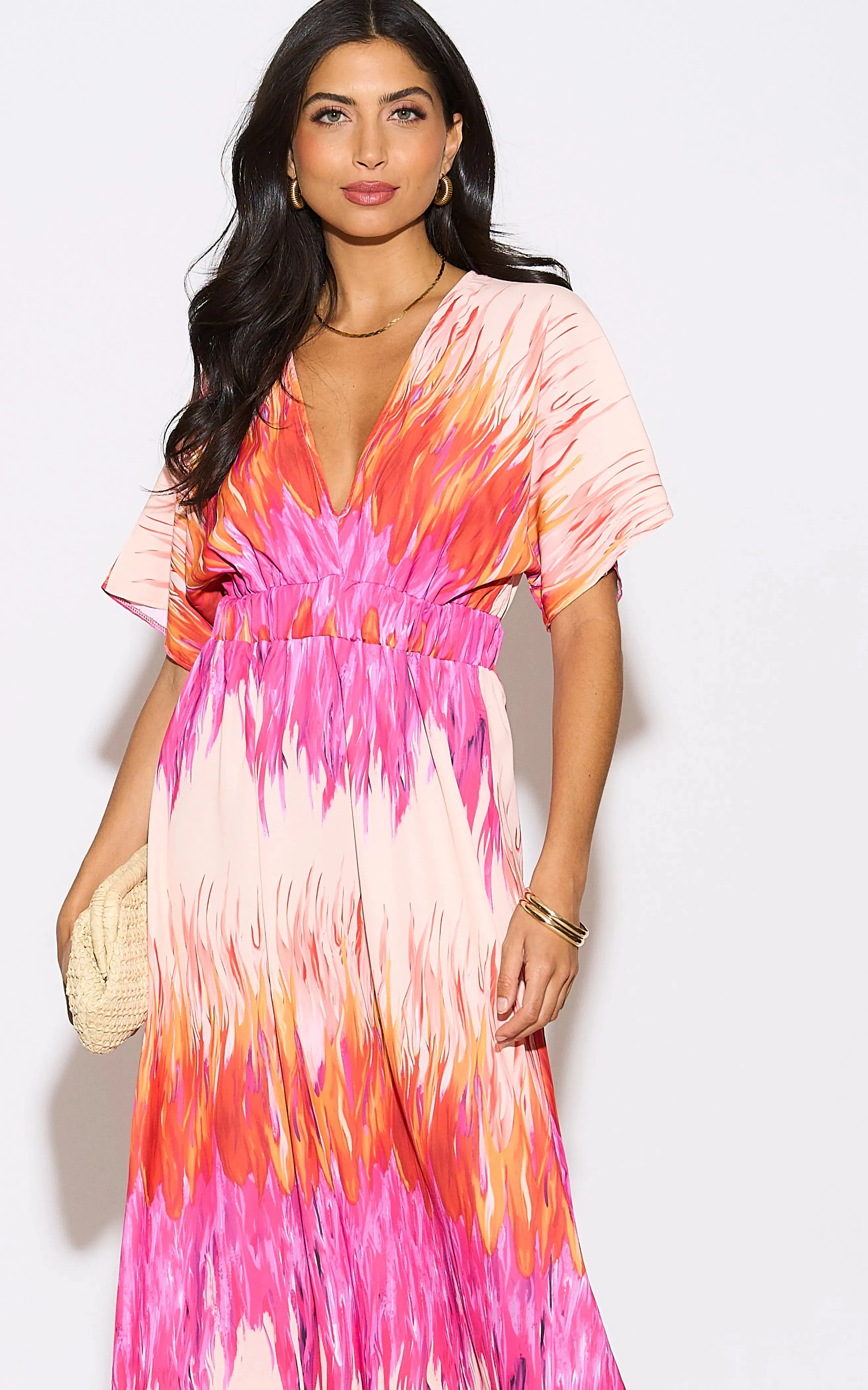 Elasticated Midi Dress in Abstract Pink print