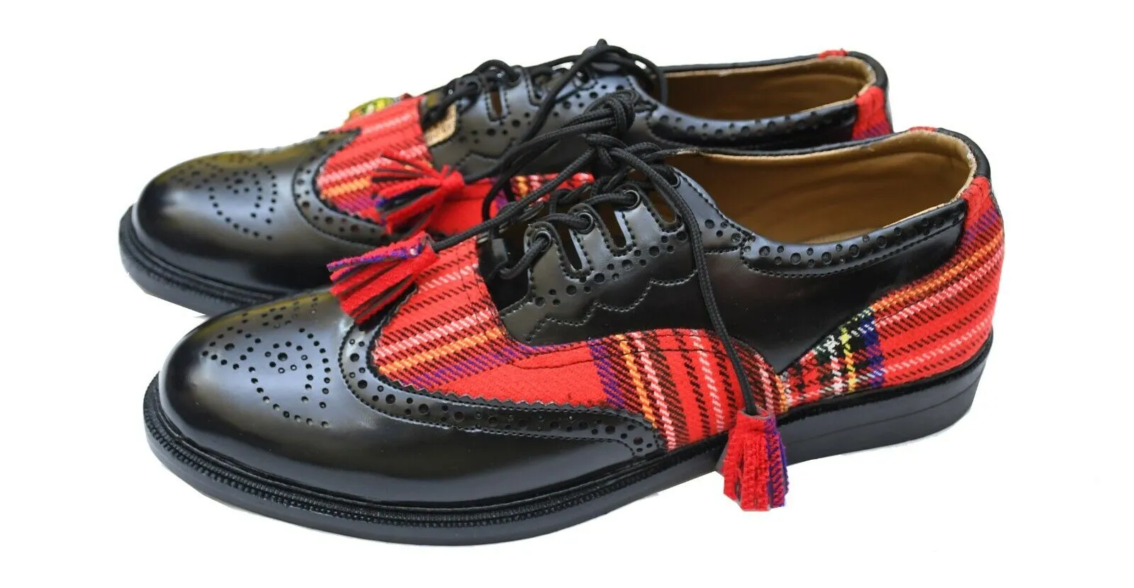 Ghillie Brogue Royal Stewart Kilt Shoes Black Leather Kilt Shoe Uk Size 6-13