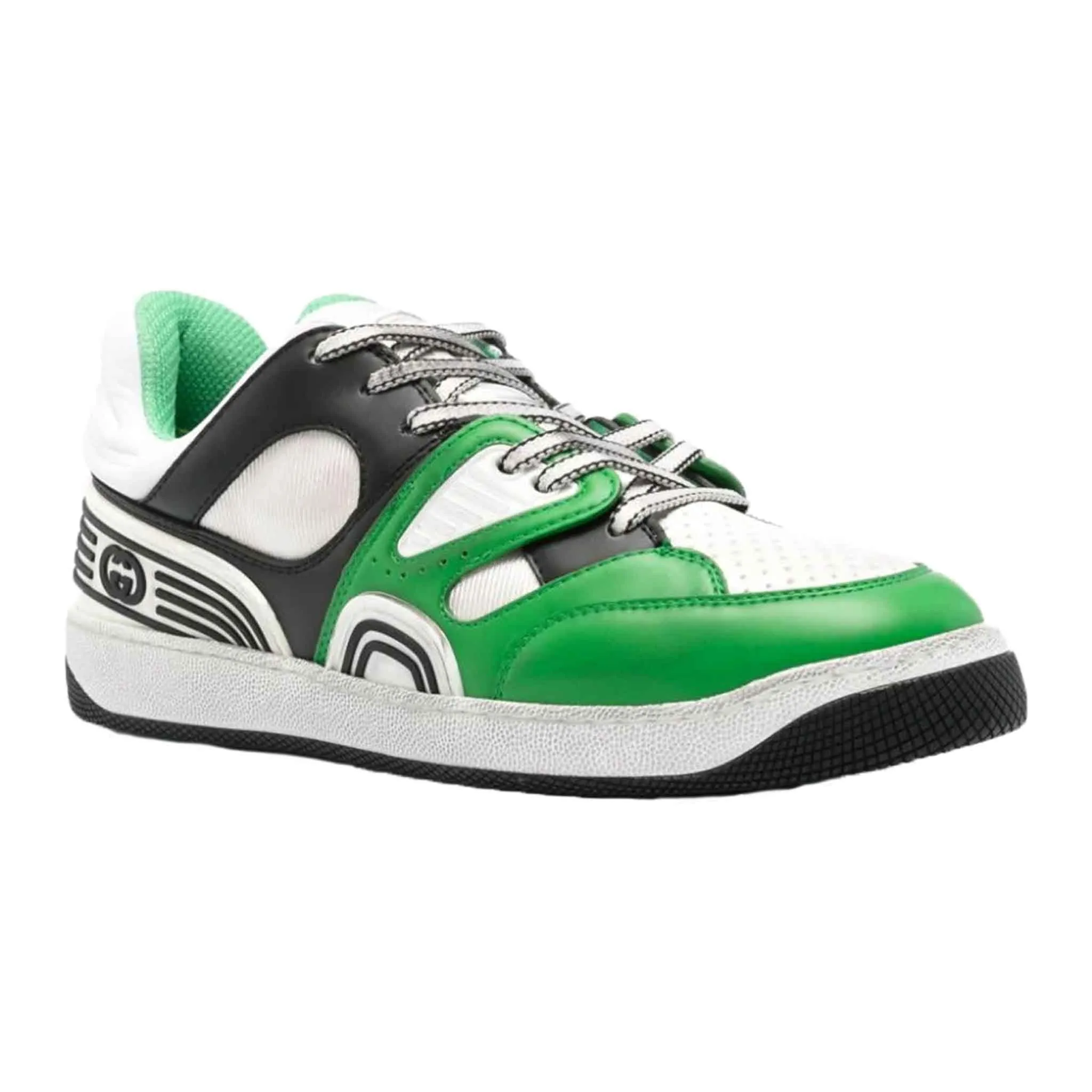 Gucci Baket Low-Top Distressed Leather Sneakers in Green/Black/White