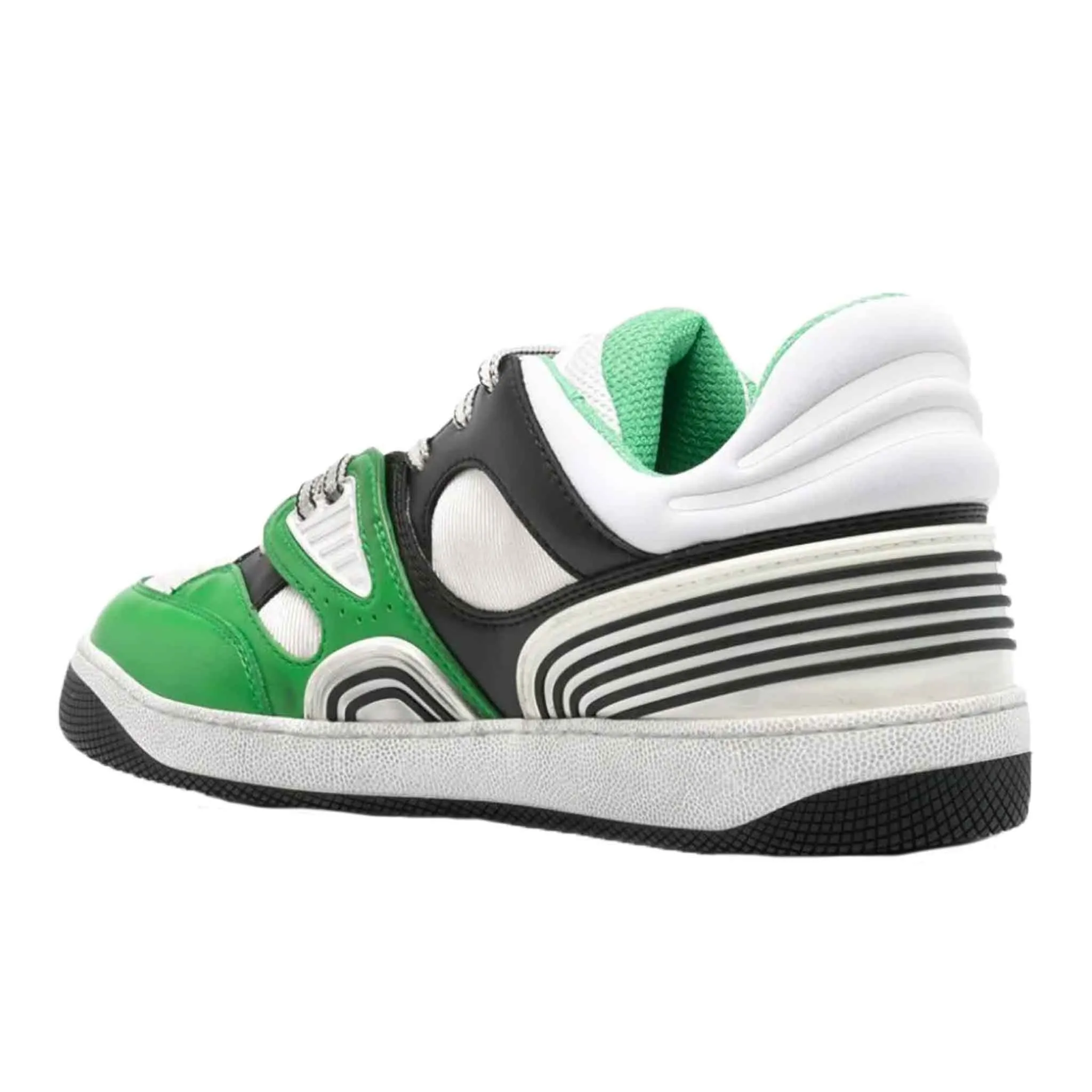 Gucci Baket Low-Top Distressed Leather Sneakers in Green/Black/White