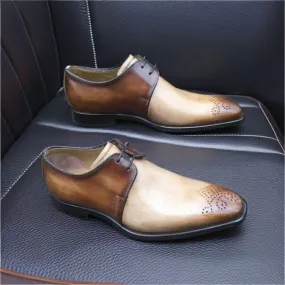 Handmade Men Two Tone Leather Hand Stitch Lace Up Brogues Narrow Tow Formal Men's Shoes