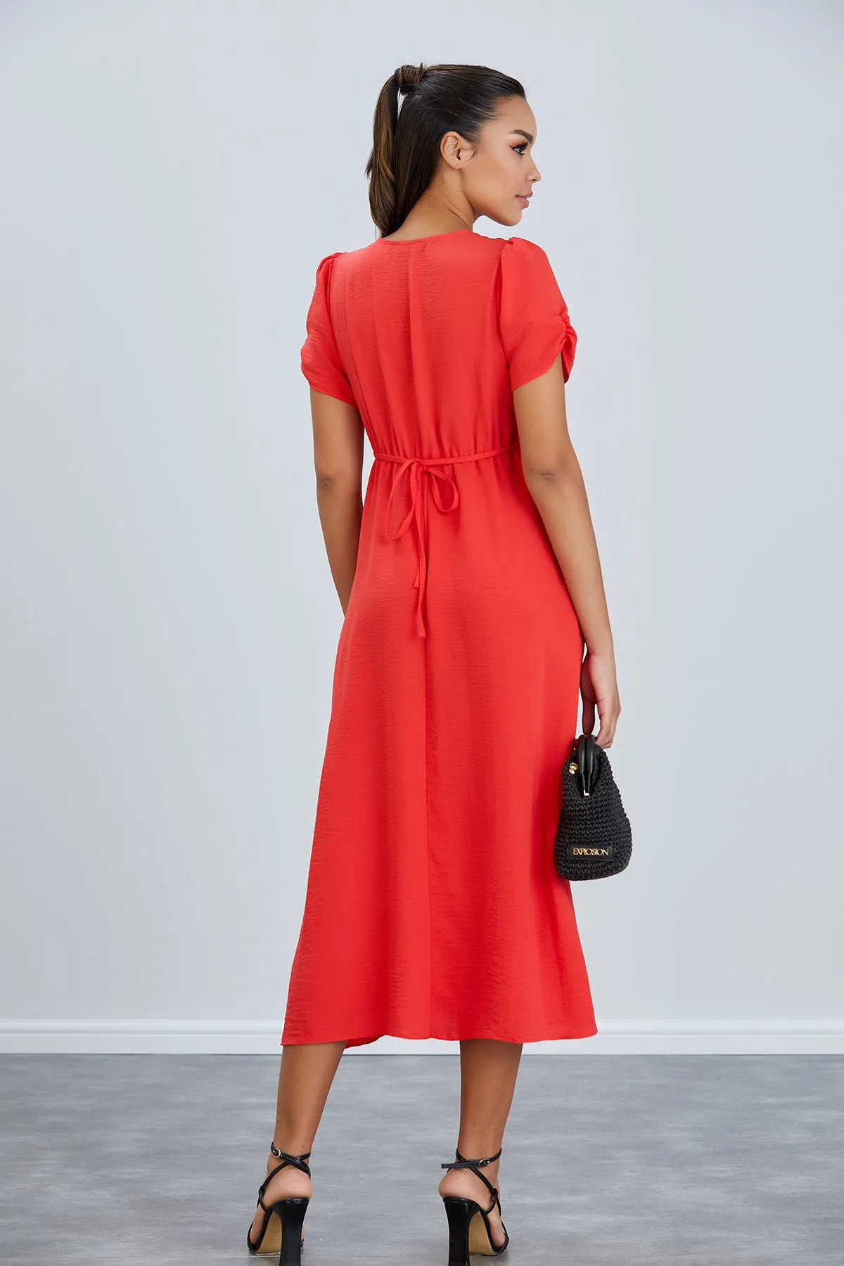 Linen Style Buttoned Shirt Midi Dress in Coral