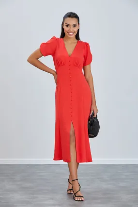 Linen Style Buttoned Shirt Midi Dress in Coral