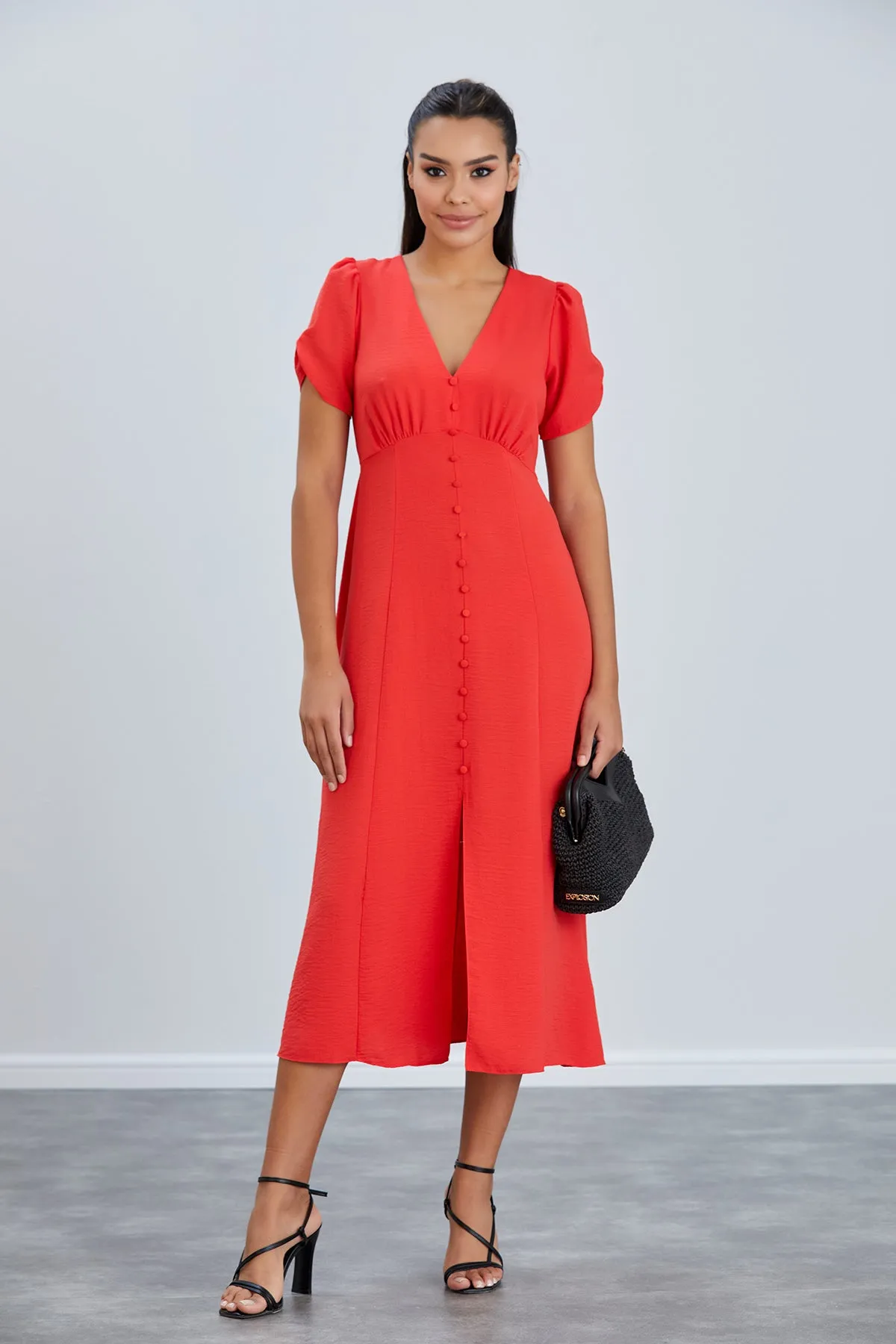 Linen Style Buttoned Shirt Midi Dress in Coral