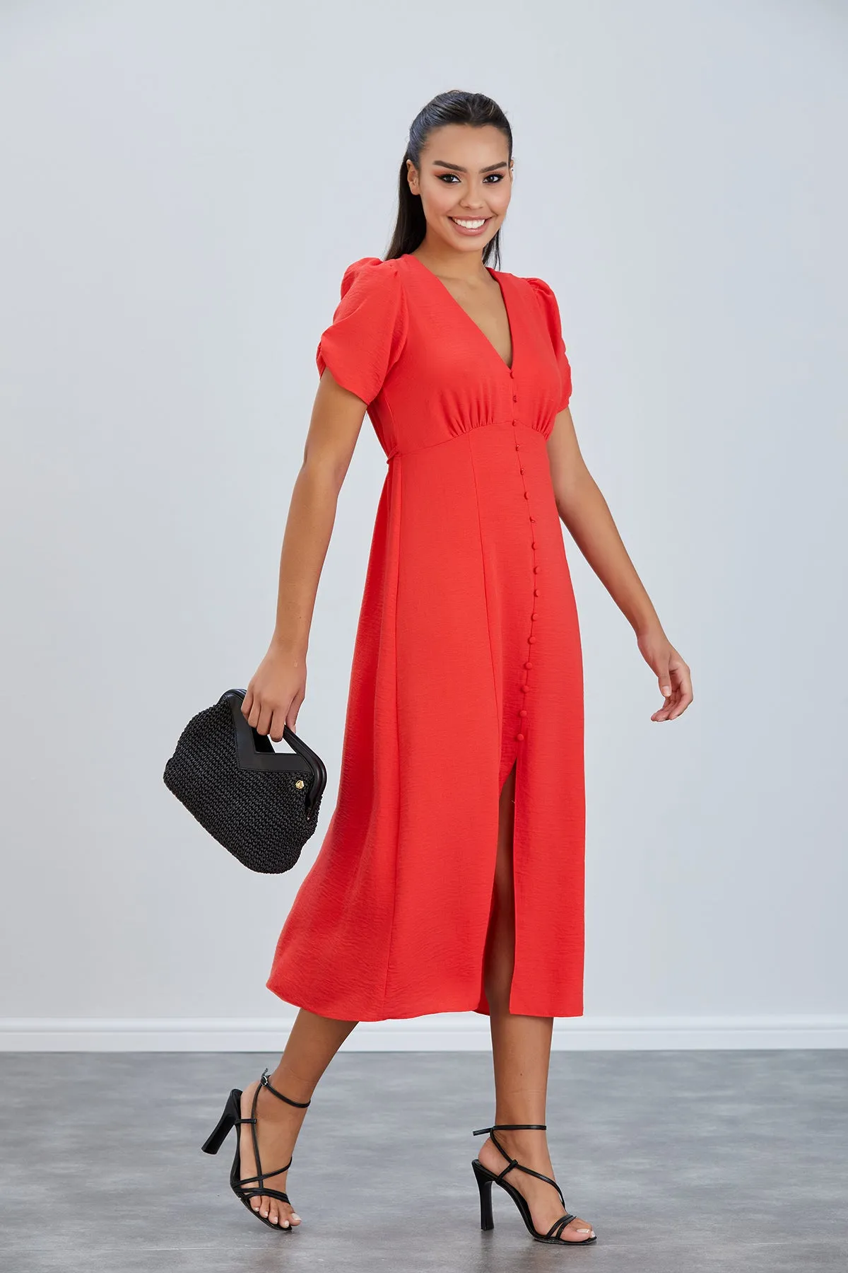 Linen Style Buttoned Shirt Midi Dress in Coral