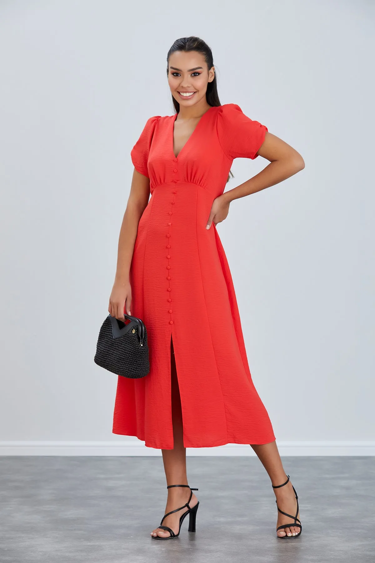 Linen Style Buttoned Shirt Midi Dress in Coral