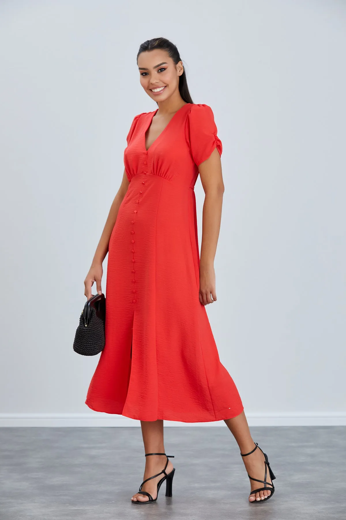 Linen Style Buttoned Shirt Midi Dress in Coral