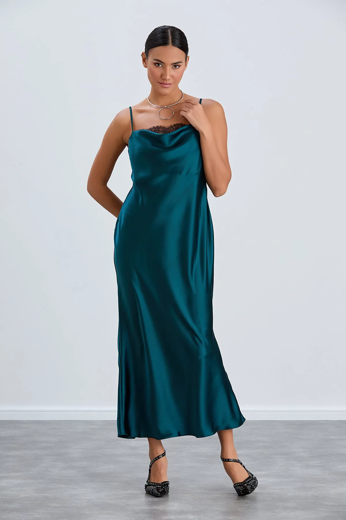 Satin Cami Midaxi Slip Dress with Lace in Green