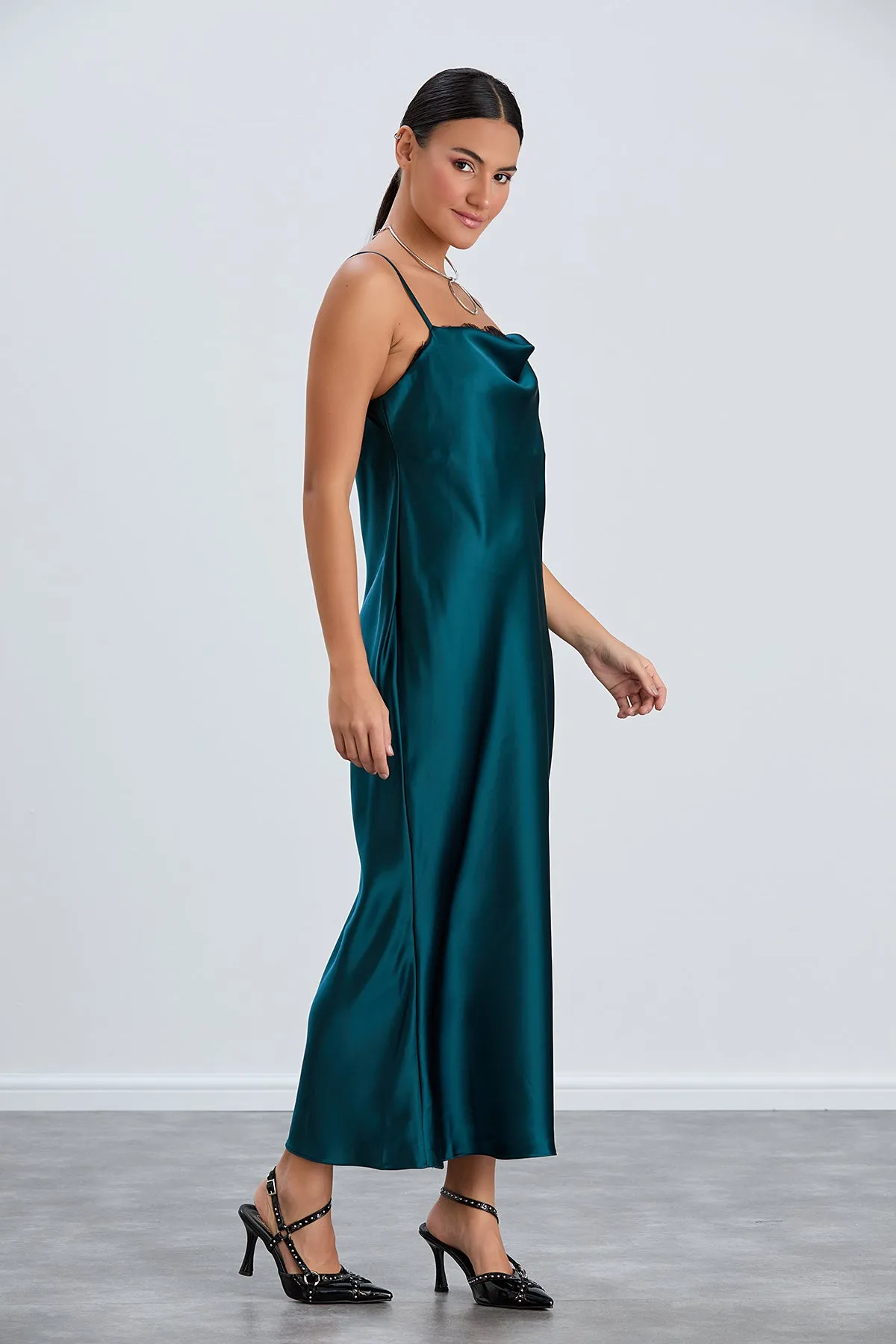 Satin Cami Midaxi Slip Dress with Lace in Green